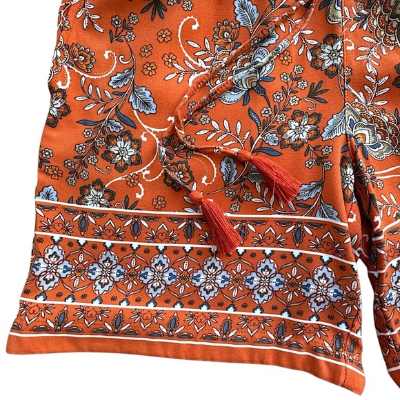 J JILL | NWOT ORANGE ZINNIA FLORAL DRAWSTRING SHORTS TASSELS BORDER PRINT | XS - Picture 3 of 9